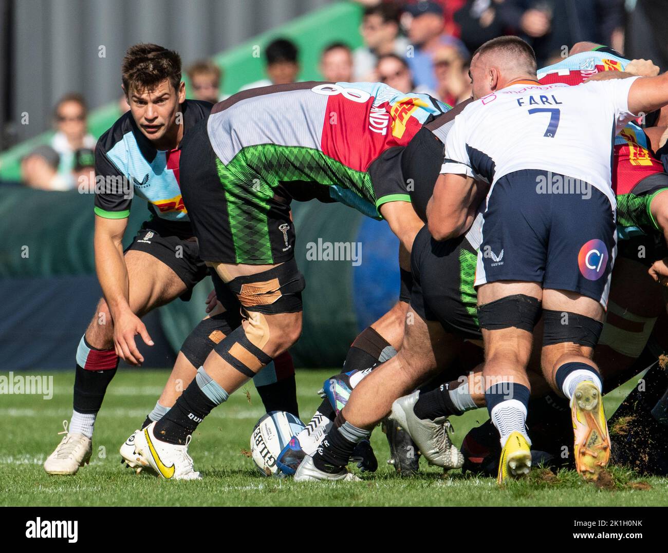 Lewis Gjalttema di Harlequins in azione durante la partita di rugby Gallagher Premiership tra Harlequins e Saracens allo Stadio Twickenham Stoop a settembre Foto Stock