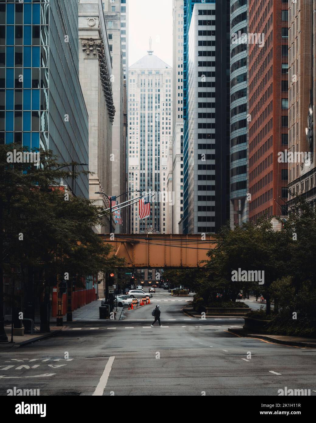 Una foto verticale del centro di Chicago con gli edifici sullo sfondo e una persona che passa per la strada Foto Stock