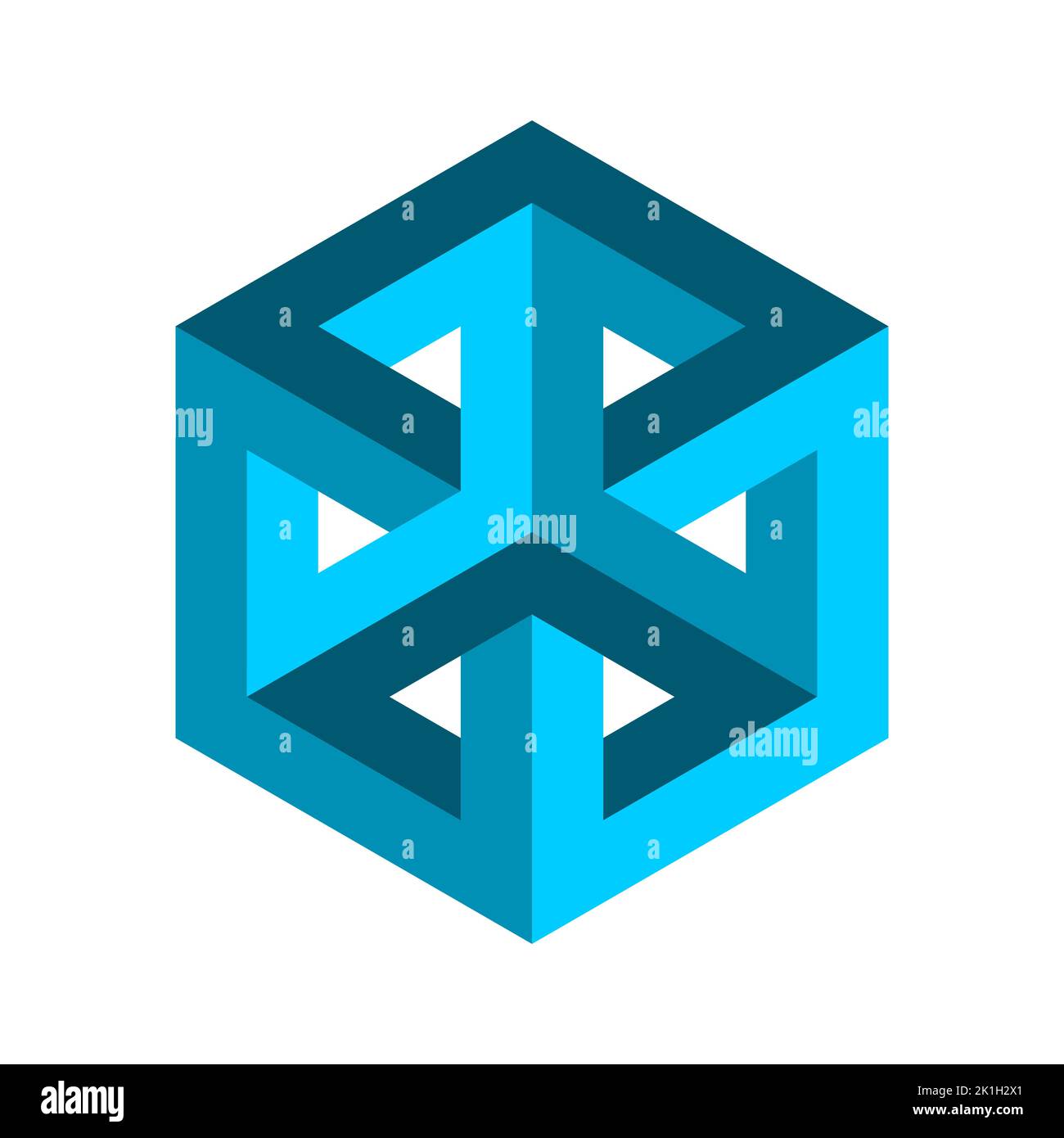 Blu rettangolo impossibile penrose forma. Oggetto geometrico Esher. Elemento di design a cubo esagonale. Doppio quadrato intrecciato. Illusione ottica. Vettore Illustrazione Vettoriale