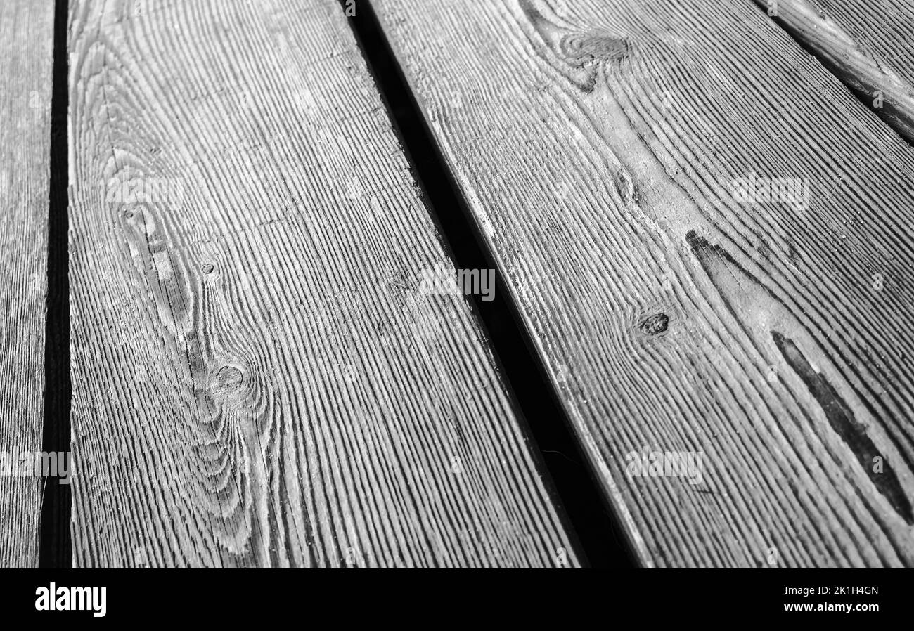 Vecchio pavimento in legno di quercia ruvida, foto di sfondo bianco e nero con messa a fuoco selettiva Foto Stock