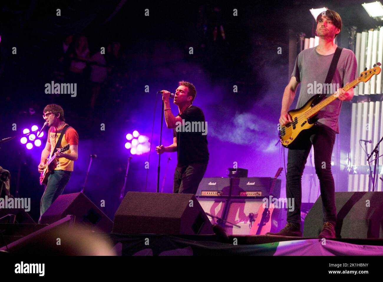 La band indie britannica Blur suona il palcoscenico Pyramid al Glastonbury Festival 2009. Foto Stock