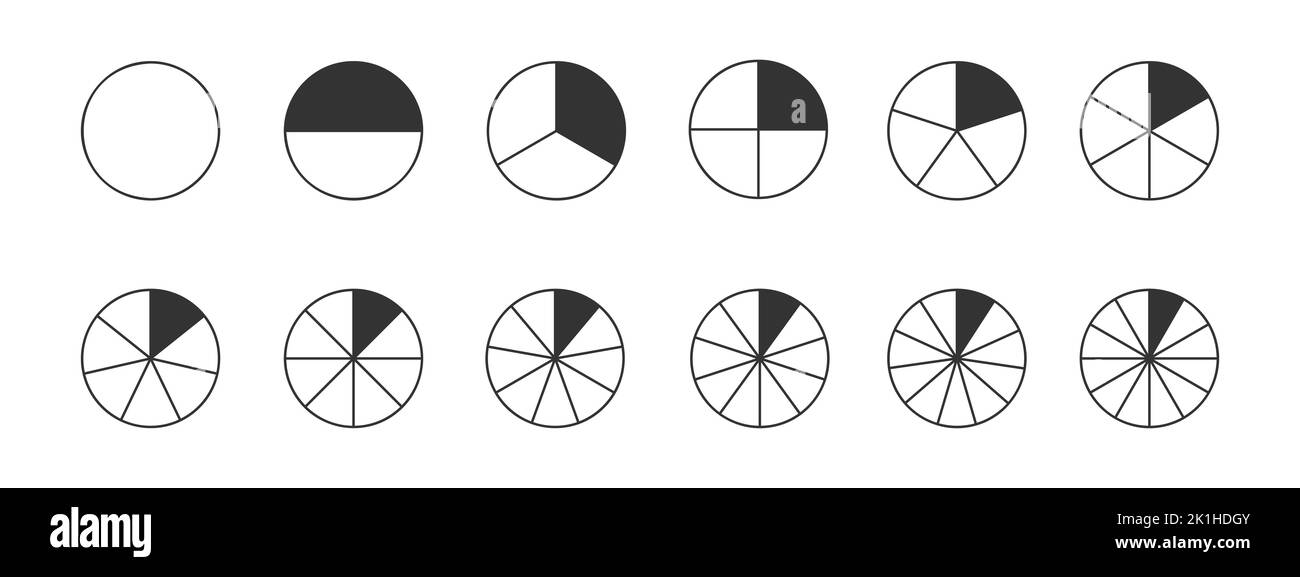 Serie di cerchi suddivisi in settori da 1 a 12 con una parte verniciata. Grafici grafici a ciambella, forme a torta o a pizza tagliate in segmenti uguali isolati su sfondo bianco. Illustrazione del contorno vettoriale Illustrazione Vettoriale