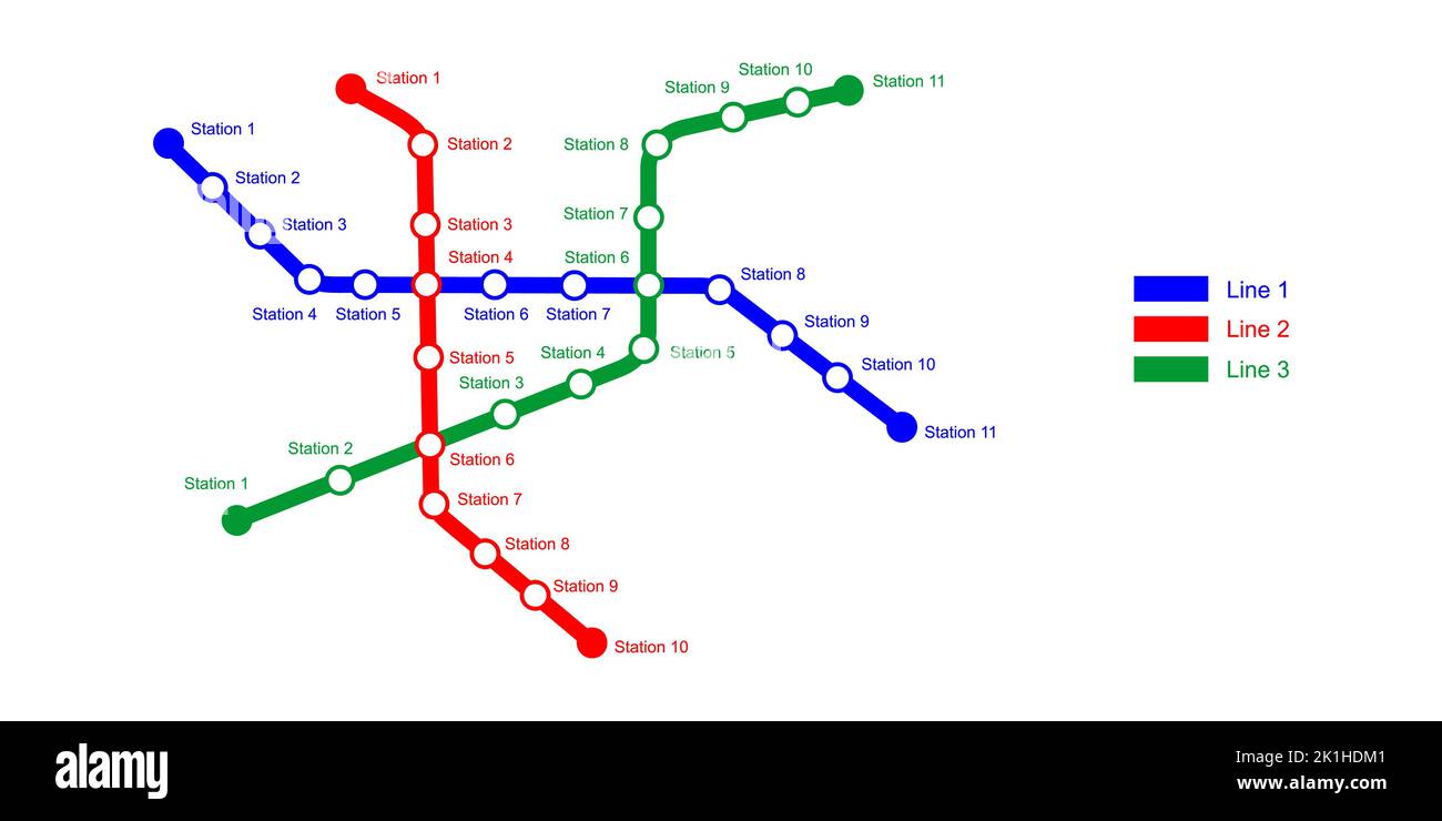 Modello mappa metropolitana. Schema della metropolitana con 3 linee colorate con stazioni. Diagramma infografico della rete pubblica di trasporto rapido isolata su sfondo bianco. Illustrazione vettoriale Illustrazione Vettoriale