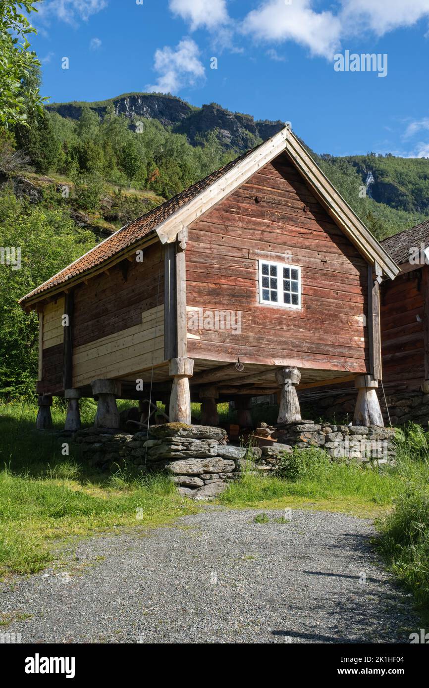 Otternes, Norvegia - 19 giugno 2022: Otternes, un cantiere agricolo norvegese lineare e collettivo a grappolo a metà strada tra Aurland e Flam. Provincia di Vestland. Foto Stock