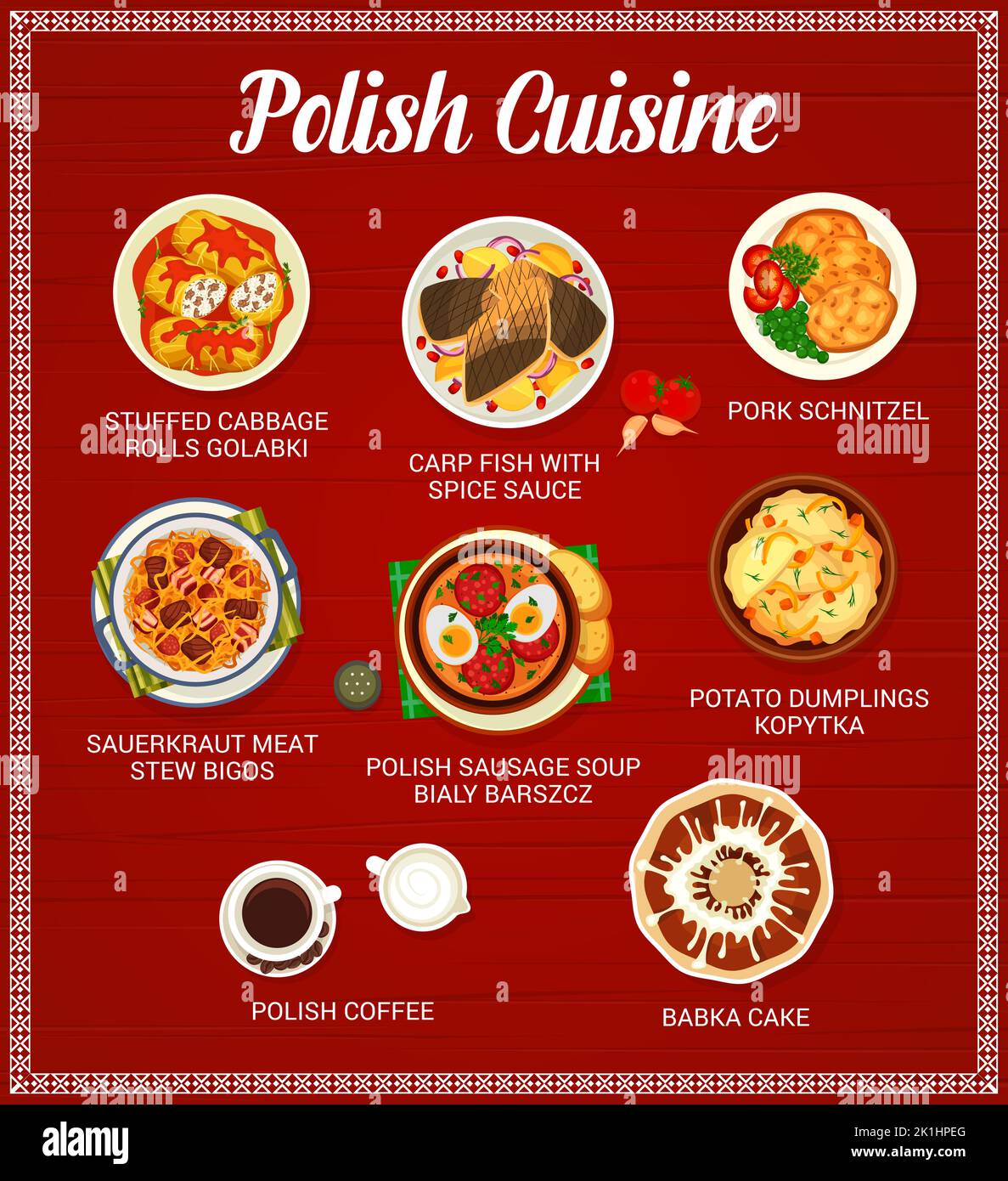 Modello di pagina del menu della cucina polacca. Involtini di cavolo ripieni Golabki, schnitzel di maiale e carpa di pesce con salsa, crauti stufato bigos, gnocchi di patate Kopytka e zuppa Bialy Barszcz, caffè polacco, Babka Illustrazione Vettoriale