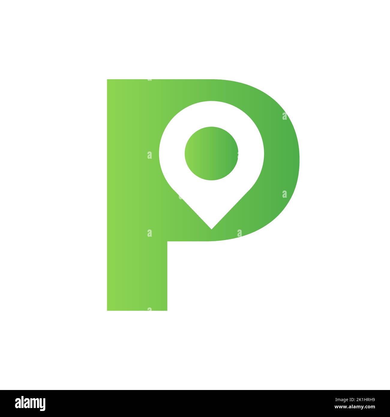 Lettera P posizione Logo Design Sign. Concetto di icona di posizione con alfabeto per modello vettoriale simbolo di direzione della strada Illustrazione Vettoriale