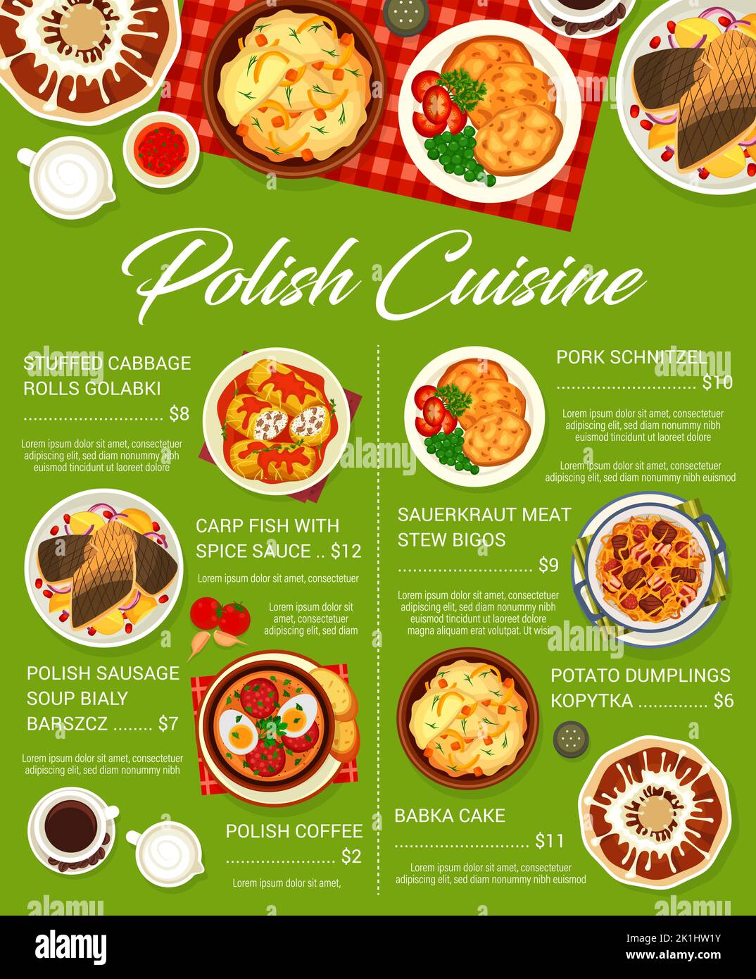 Menu del ristorante di cucina polacca. Crauti stufato bigos, carpa di pesce con salsa e zuppa di salsiccia Bialy Barszcz, gnocchi Kopytka, caffè e schnitzel di maiale, involtini di cavolo ripieni Golabki, torta Babka Illustrazione Vettoriale