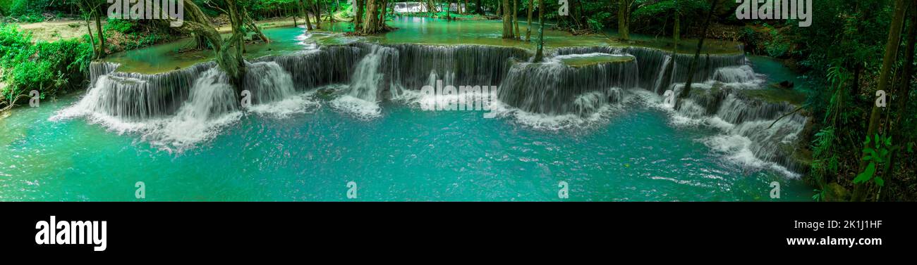 Bella caduta d'acqua e foglie naturali e ruscello verde foresta nel concetto di montagna indietro terra copertina pagina ambiente ecologia o natura wal Foto Stock