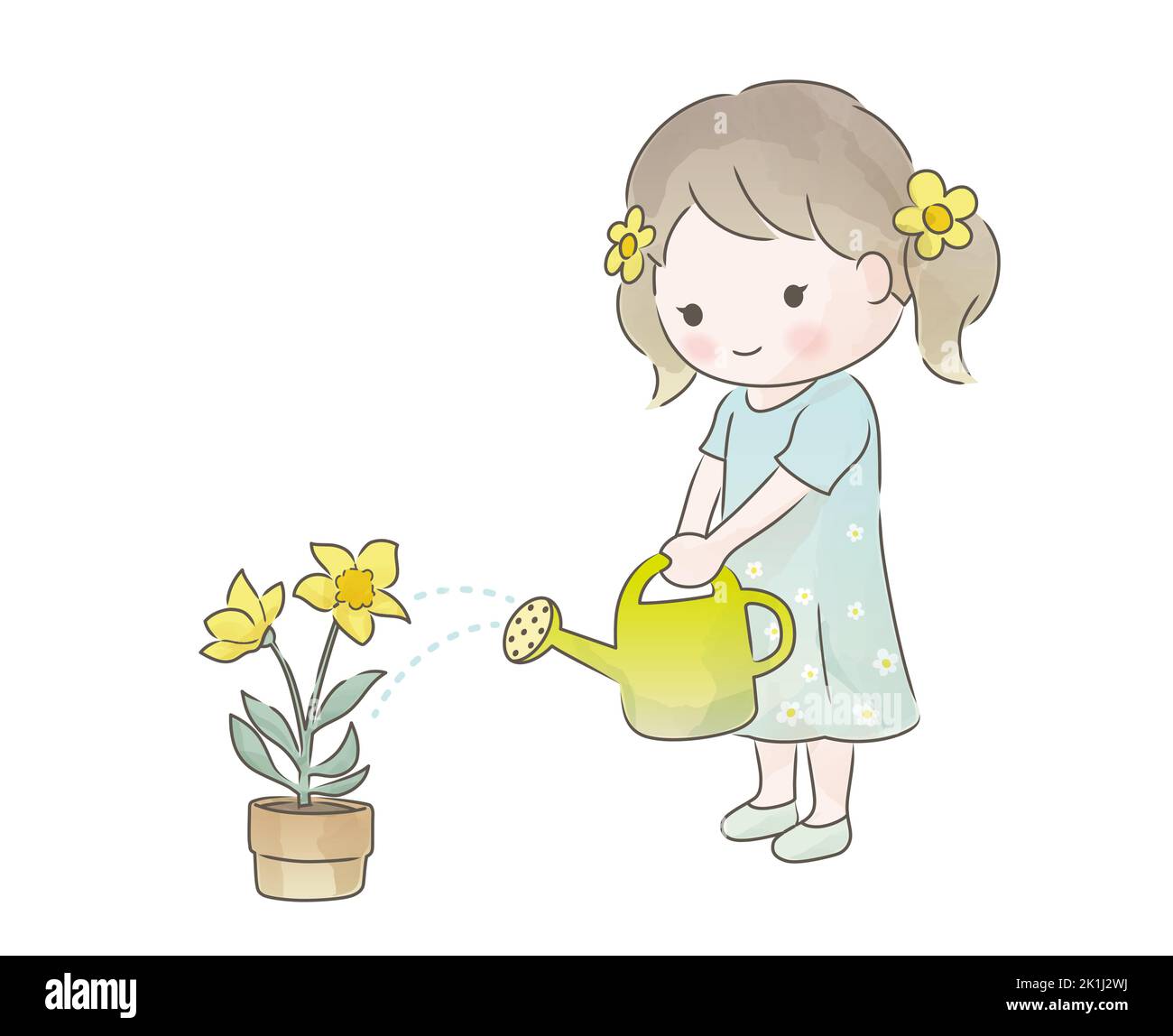 Una ragazza carina che innaffia le piante in vaso. Acquerello vettoriale Illustrazione Naive isolata su uno sfondo bianco. Illustrazione Vettoriale