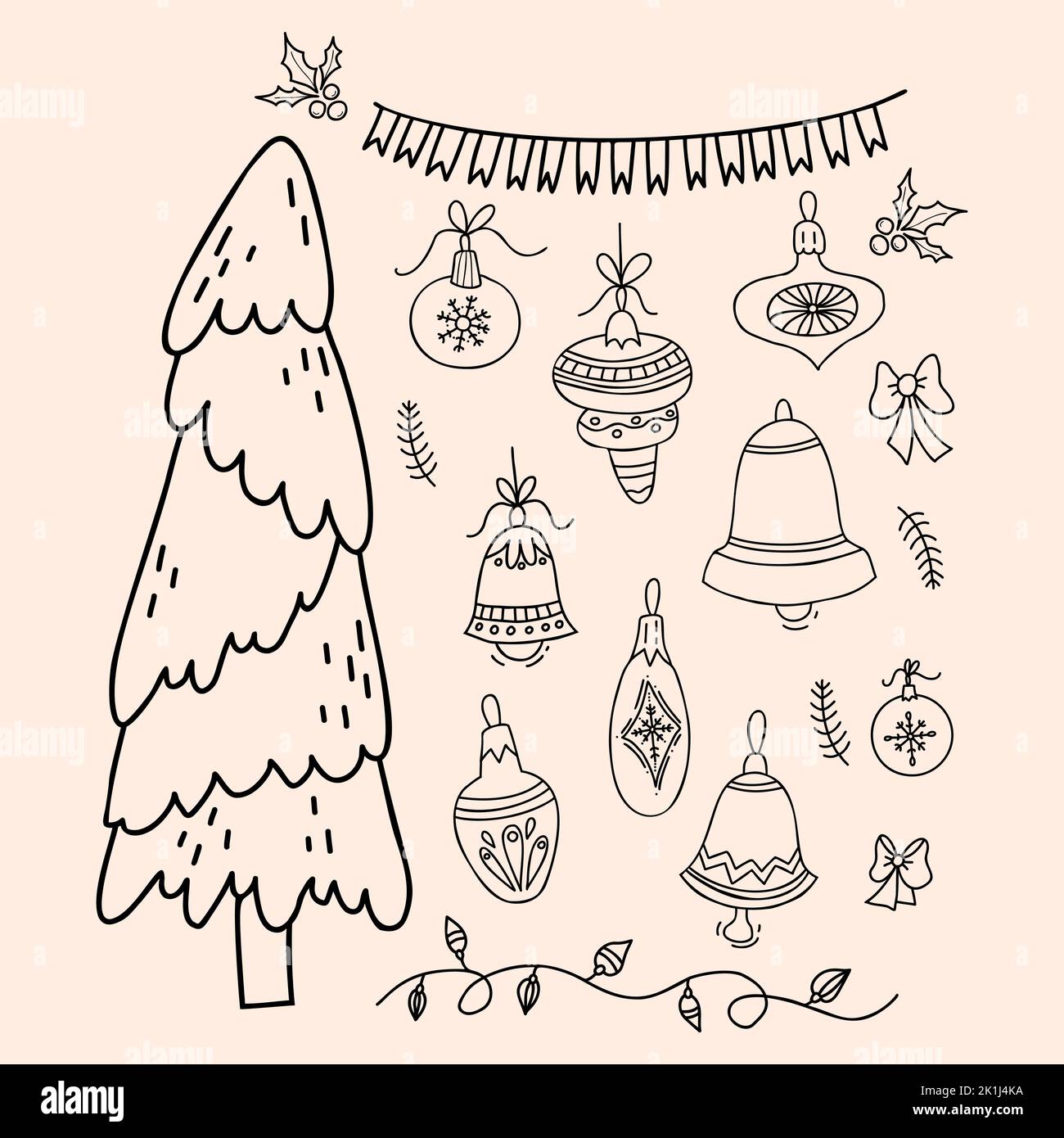 Albero di Natale, palle di Natale, giocattoli e campane, ghirland e bandiere decorazione. Illustrazione vettoriale. Tagliatelle isolate lineari disegnate a mano per Capodanno Illustrazione Vettoriale