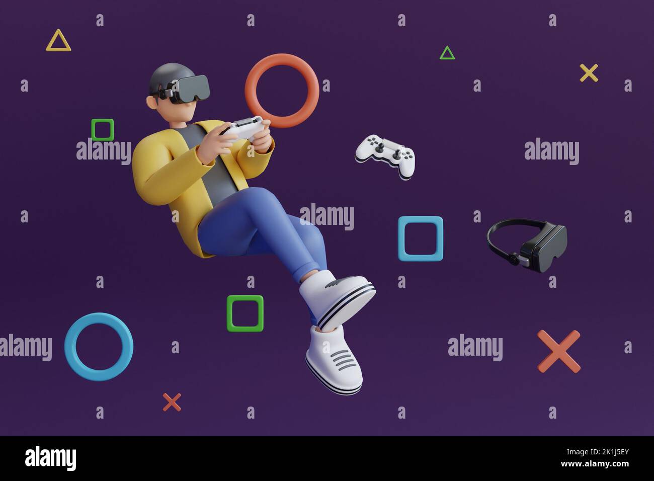 3D Virtual Reality Man Gamer tiene il controller della console di gioco. Uomo che indossa occhiali per realtà virtuale e che galleggia in aria giocando un videogioco Foto Stock