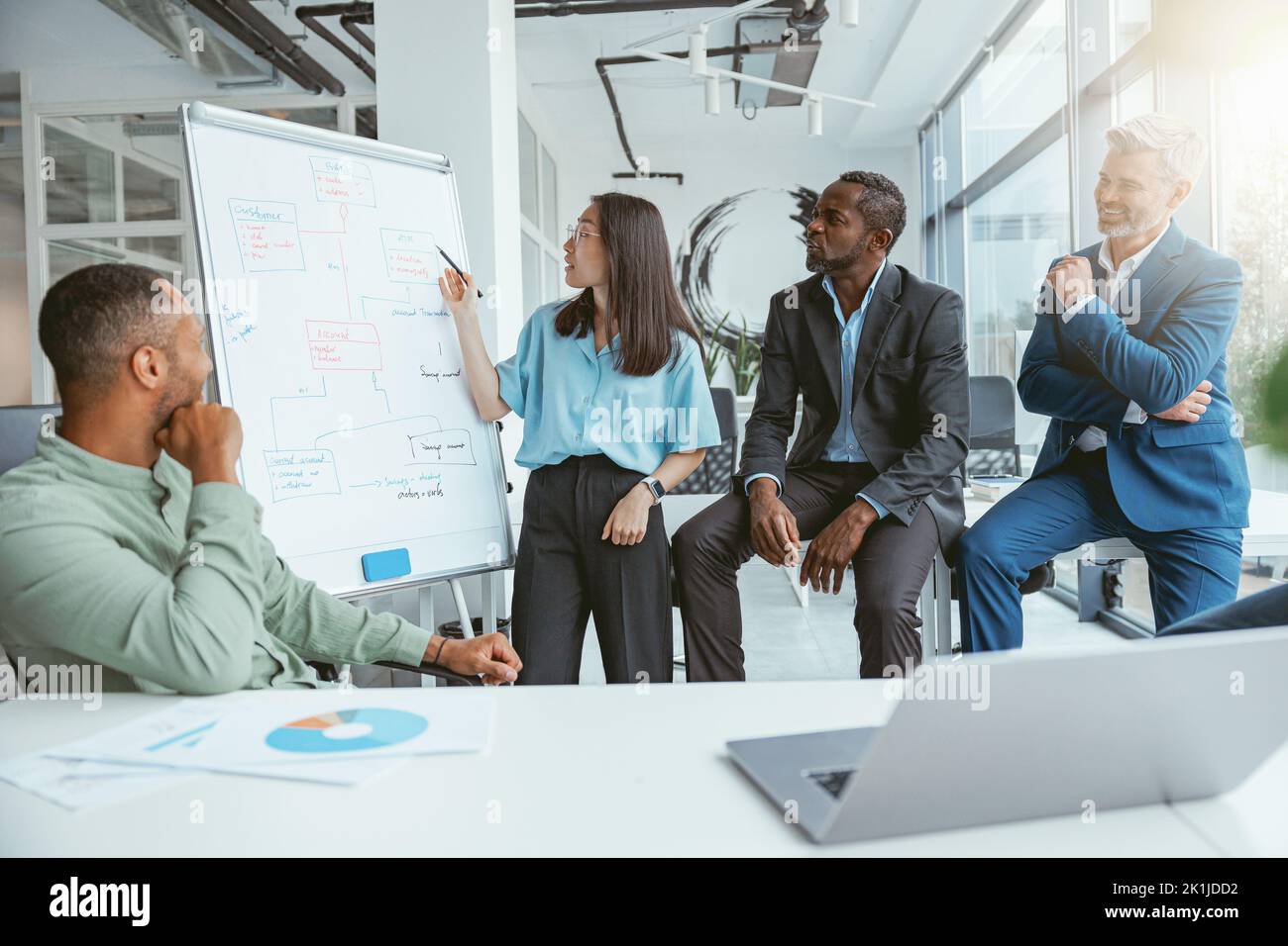 Gruppo di uomini d'affari multietnici che lavorano insieme sul progetto mentre si siedono in un ufficio moderno Foto Stock
