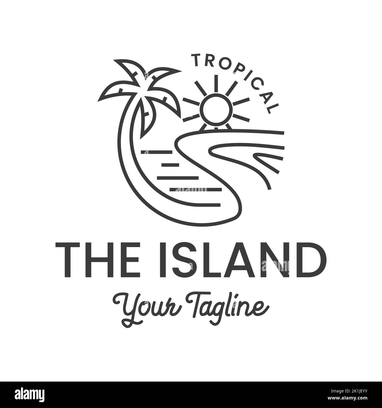 Estate palma logo linea arte semplice vettore illustrazione icona grafica modello. Spiaggia tropicale oceano onde, isola o spiaggia simbolo per i viaggi Illustrazione Vettoriale