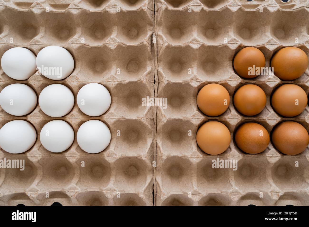 Steso piatto di uova marroni e bianche in vassoi di cartone Foto Stock