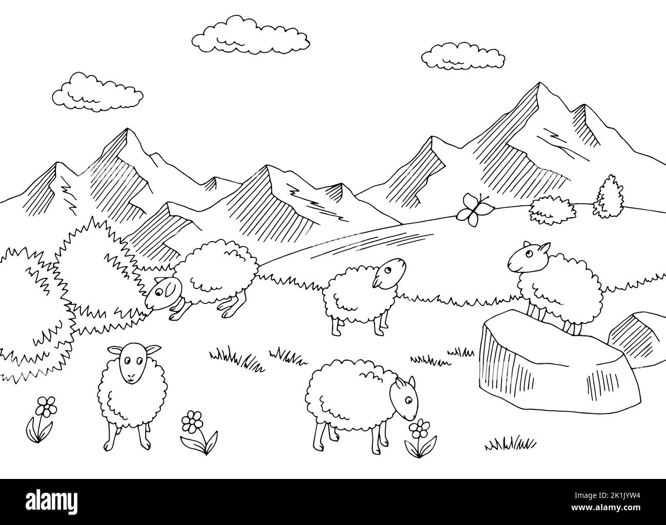 Divertente pecora che alimenta l'erba in un prato in montagna grafica bianco nero schizzo vettore di illustrazione Illustrazione Vettoriale