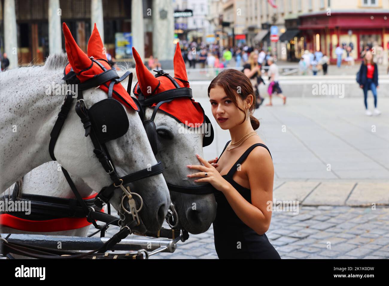 Adolescente, Frau, Wien schöne Frau, Kutsche, Fiaker, Wien, Pferdekutsche oder Fiaker bei romantischer Fahrt durch die Hauptstadt, Vienna, Österreich! Foto Stock