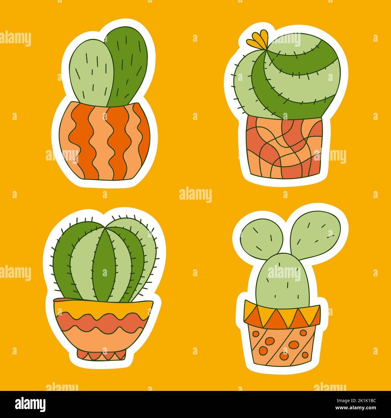 Carino cactus in pentole adesivi. Divertente design luminoso per bambini. Colore doodle mano disegnata piante domestiche. Vasi di fiori modellati Zentangle. Perfetto per biglietti d'auguri in tessuto stampato decorativi per vivaio. Illustrazione vettoriale. Illustrazione Vettoriale