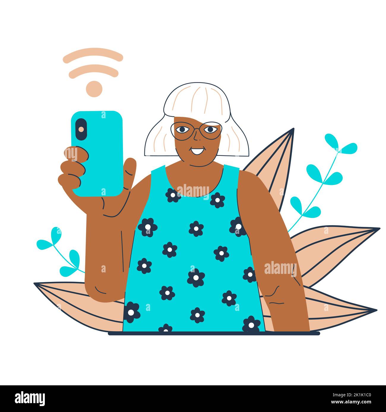 Nonni moderni che utilizzano il concetto di smartphone. Donna anziana senza carta di pagamento per l'applicazione di telefonia mobile. Nonna tenere il telefono in mano. Nuova tecnologia online di generazione anziana. Felice oldie vettore illustrazione Illustrazione Vettoriale