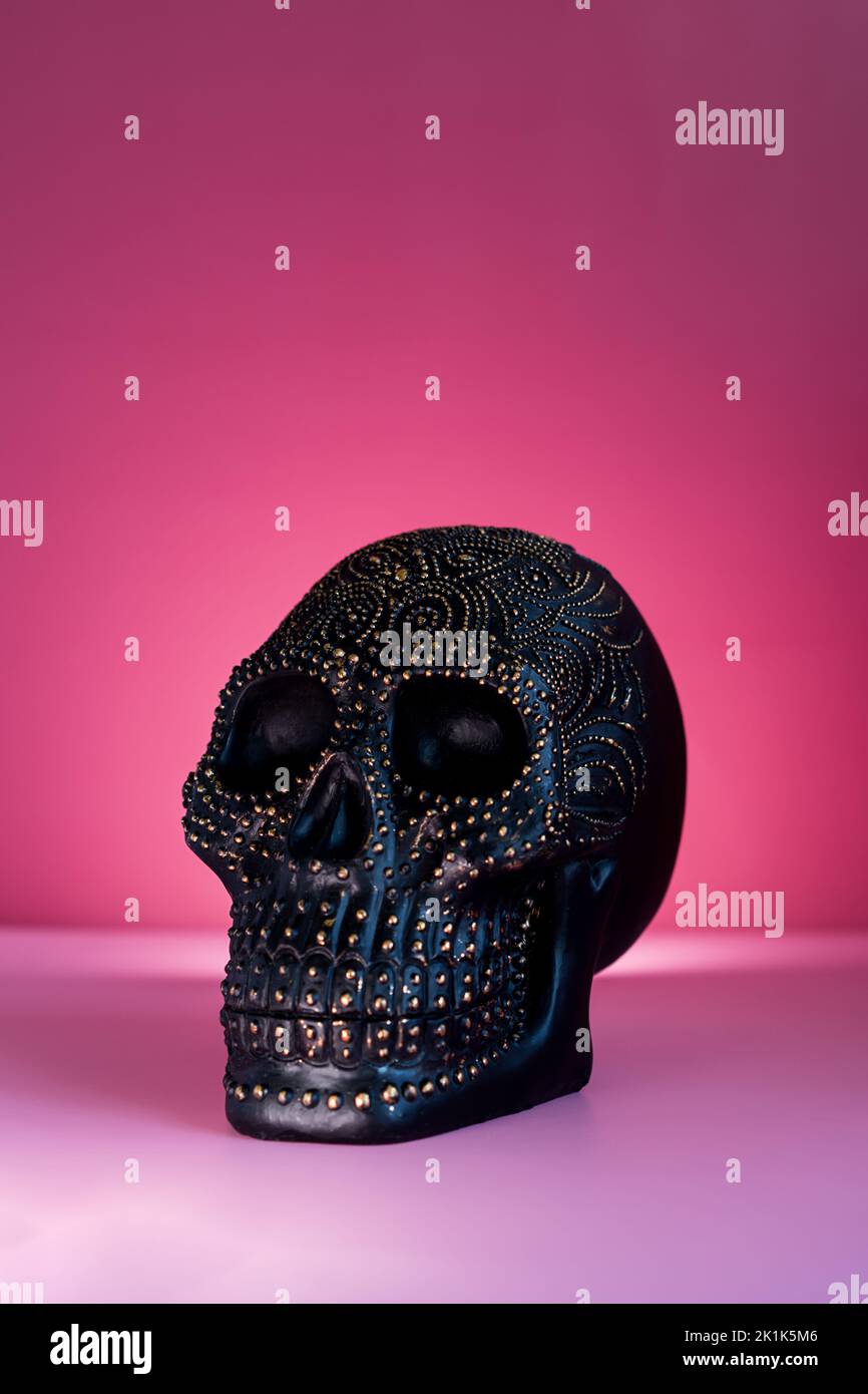 Cranio umano nero decorato con motivi dorati su sfondo rosa. Stile di arredamento di Halloween. Scheda verticale. Messa a fuoco selettiva, spazio di copia Foto Stock