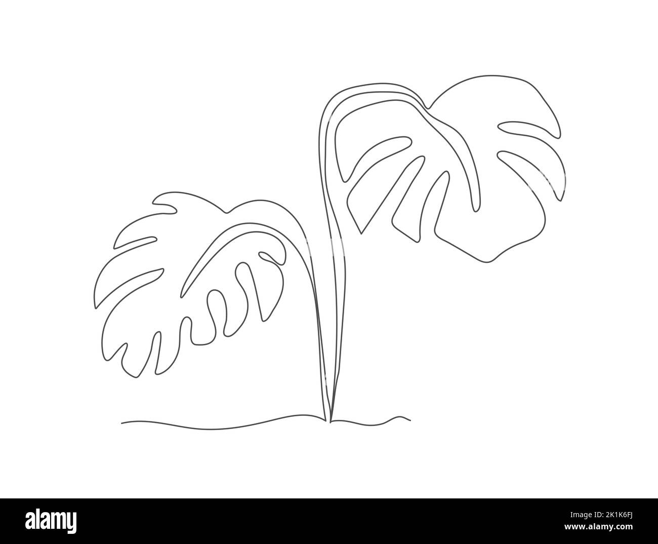 Monstera lascia lo stile di una linea continua. Il concetto di un motivo floreale astratto in uno stile minimalista con foglie tropicali. Modello per Illustrazione Vettoriale