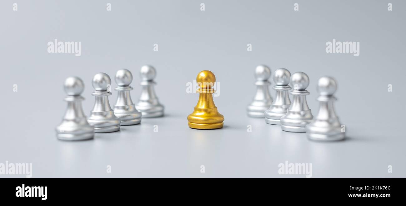 I pezzi di pegno degli scacchi d'oro o il leader dell'uomo d'affari si distinguono dalla folla degli uomini d'argento. Dirigenti, aziende, team, lavoro di squadra e risorse umane Foto Stock