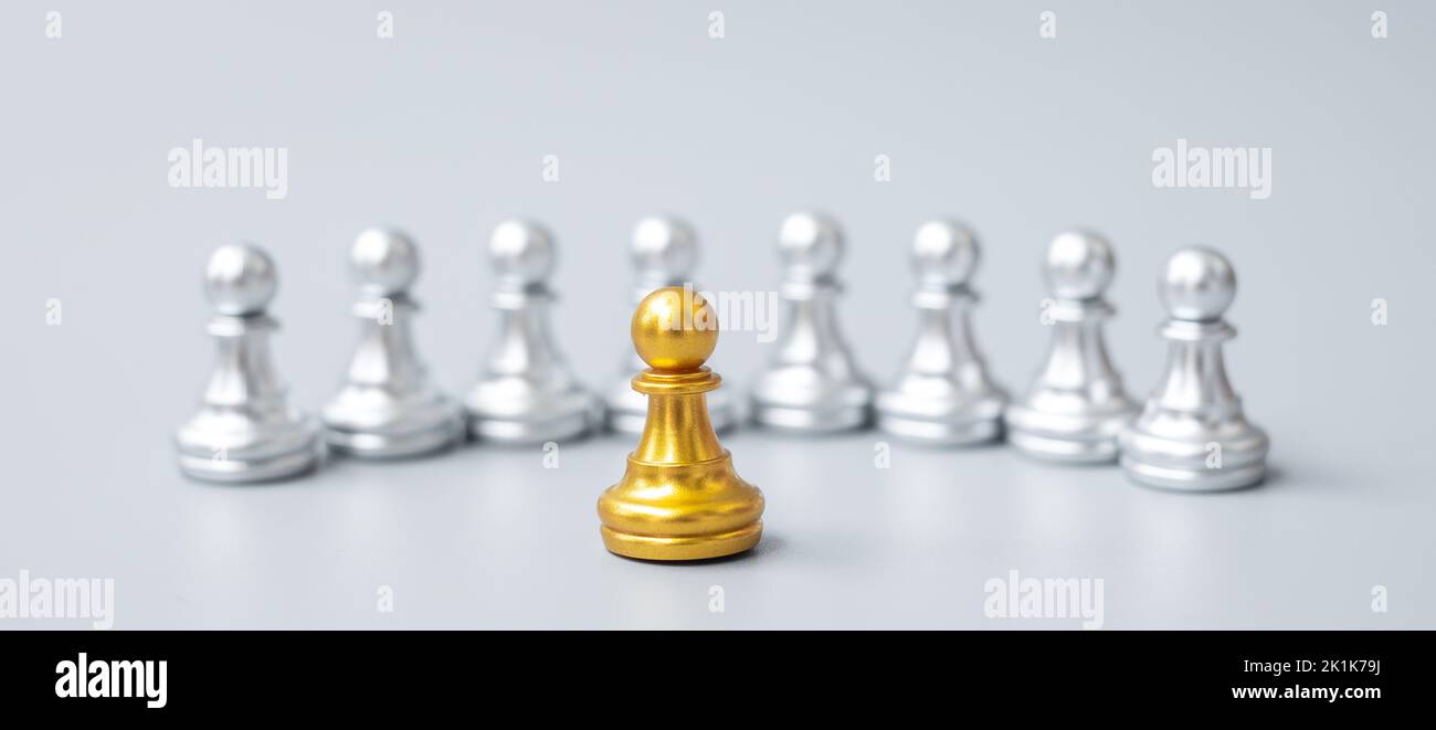 I pezzi di pegno degli scacchi d'oro o il leader dell'uomo d'affari si distinguono dalla folla degli uomini d'argento. Dirigenti, aziende, team, lavoro di squadra e risorse umane Foto Stock