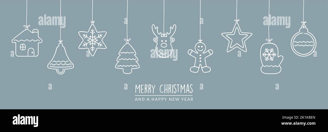 buon biglietto di natale con decorazioni bianche appese Illustrazione Vettoriale