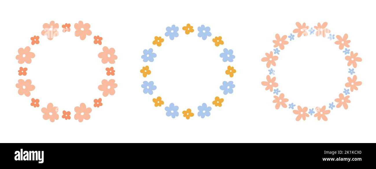 Set di graziose corone floreali con piccoli fiori isolati su sfondo bianco. Illustrazione piatta disegnata a mano con vettore. Perfetto per carte, inviti, decora Illustrazione Vettoriale
