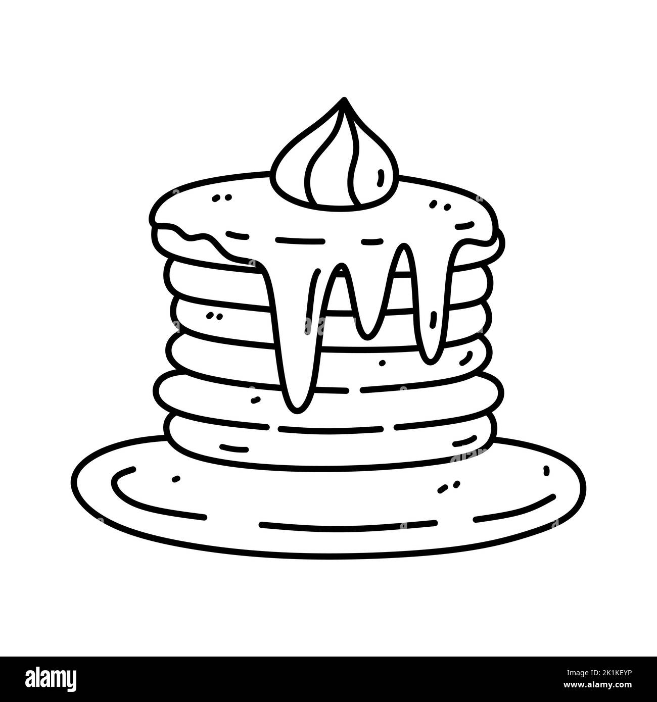 Graziosi pancake con sciroppo e crema isolati su sfondo bianco. Disegno vettoriale a mano in stile doodle. Perfetto per carte, decorazioni, logo, Illustrazione Vettoriale Graziosi pancake con sciroppo e crema isolati su sfondo bianco. Disegno vettoriale a mano in stile doodle. Perfetto per carte, decorazioni, logo, Illustrazione Vettoriale