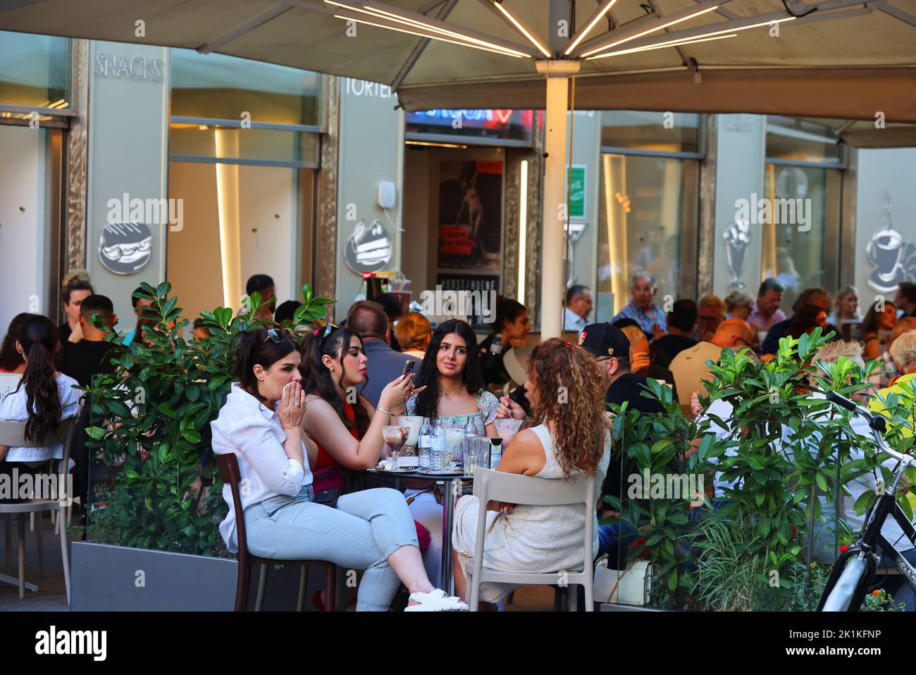 Wien schöne Frau, Wien, Biergarten, Handy, Wien Biergarten, Blumen, Biergarten vor dem Rathaus a Vienna Foto Stock