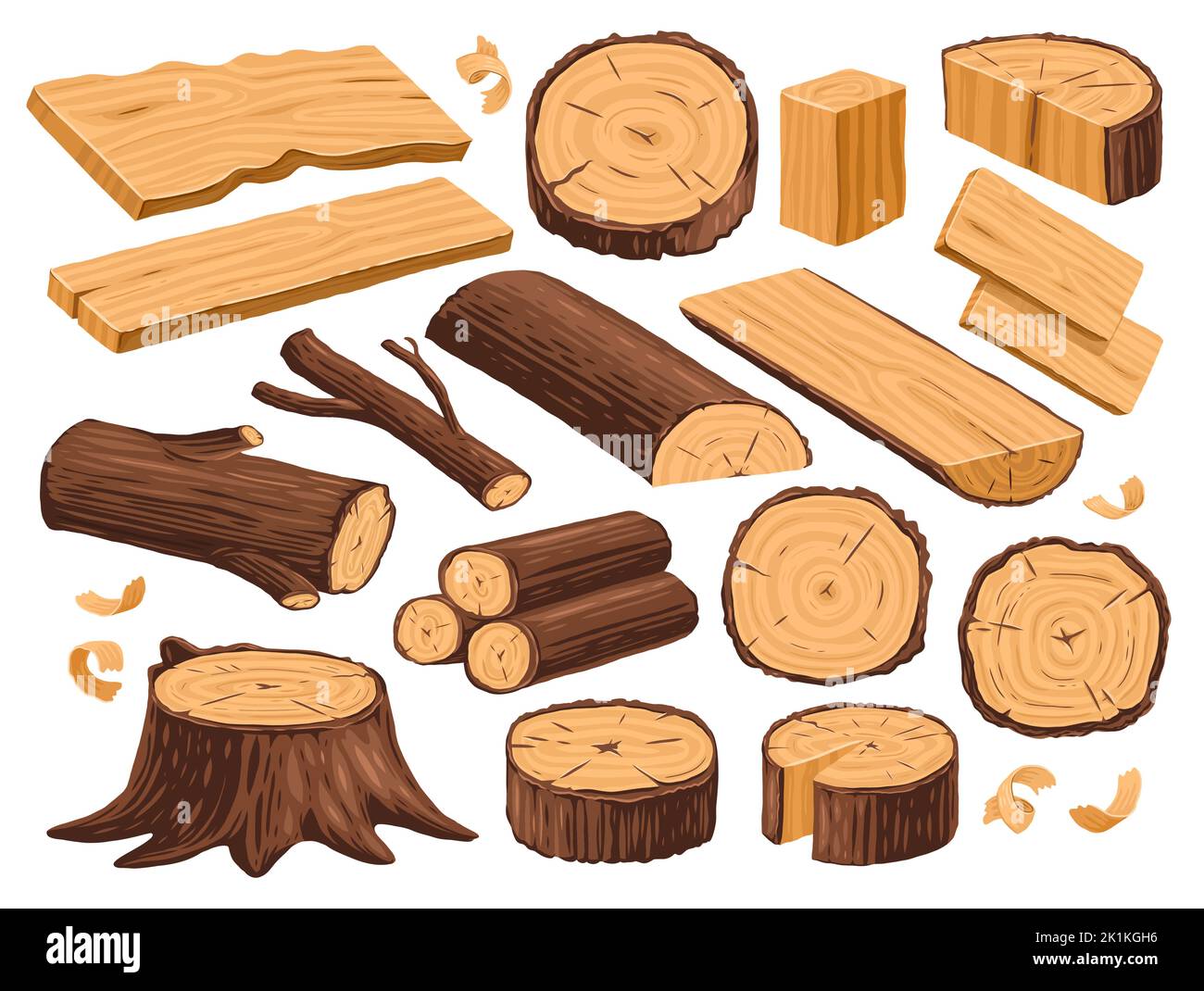 Legname naturale, industria del legname, set per la lavorazione del legno. Carpenteria, legno vettore. Tronco di albero, ceppo e assi Illustrazione Vettoriale