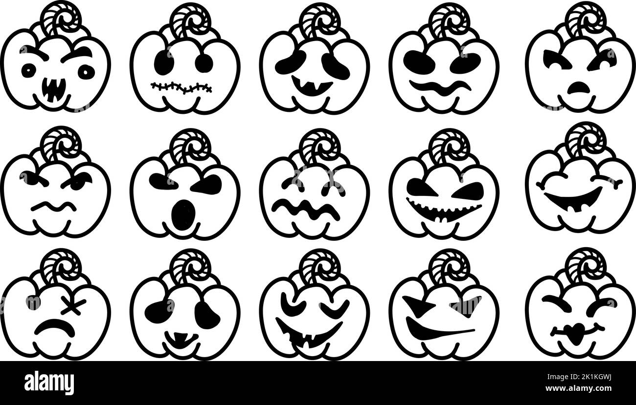 Una serie di icone di zucca di Halloween disegnate a mano. Zucche divertenti isolate su uno sfondo bianco. Facce di mostri. Testa di Jack. Elementi di design per il logo, Illustrazione Vettoriale