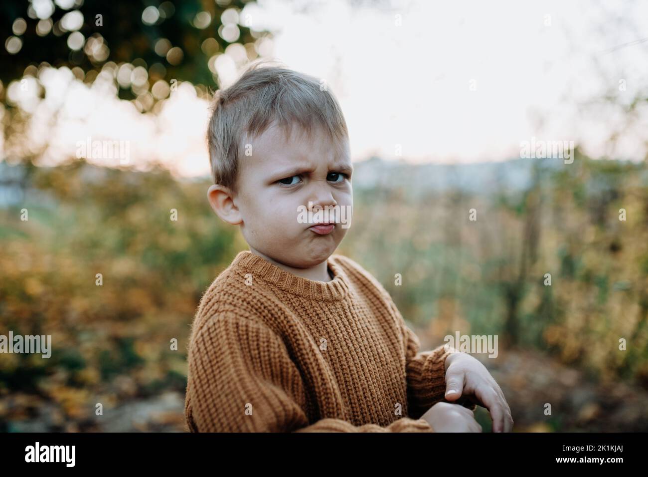 Ritratto di ragazzino rovesciato che indossa un maglione a maglia in nautre, concetto autunnale. Foto Stock