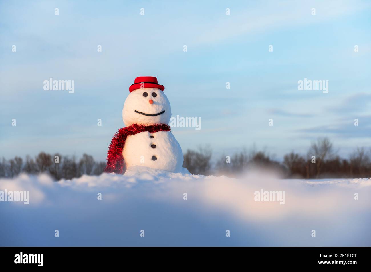Simpatico pupazzo di neve in elegante cappello rosso e scalpello rosso su campo innevato. Cielo blu su sfondo Foto Stock