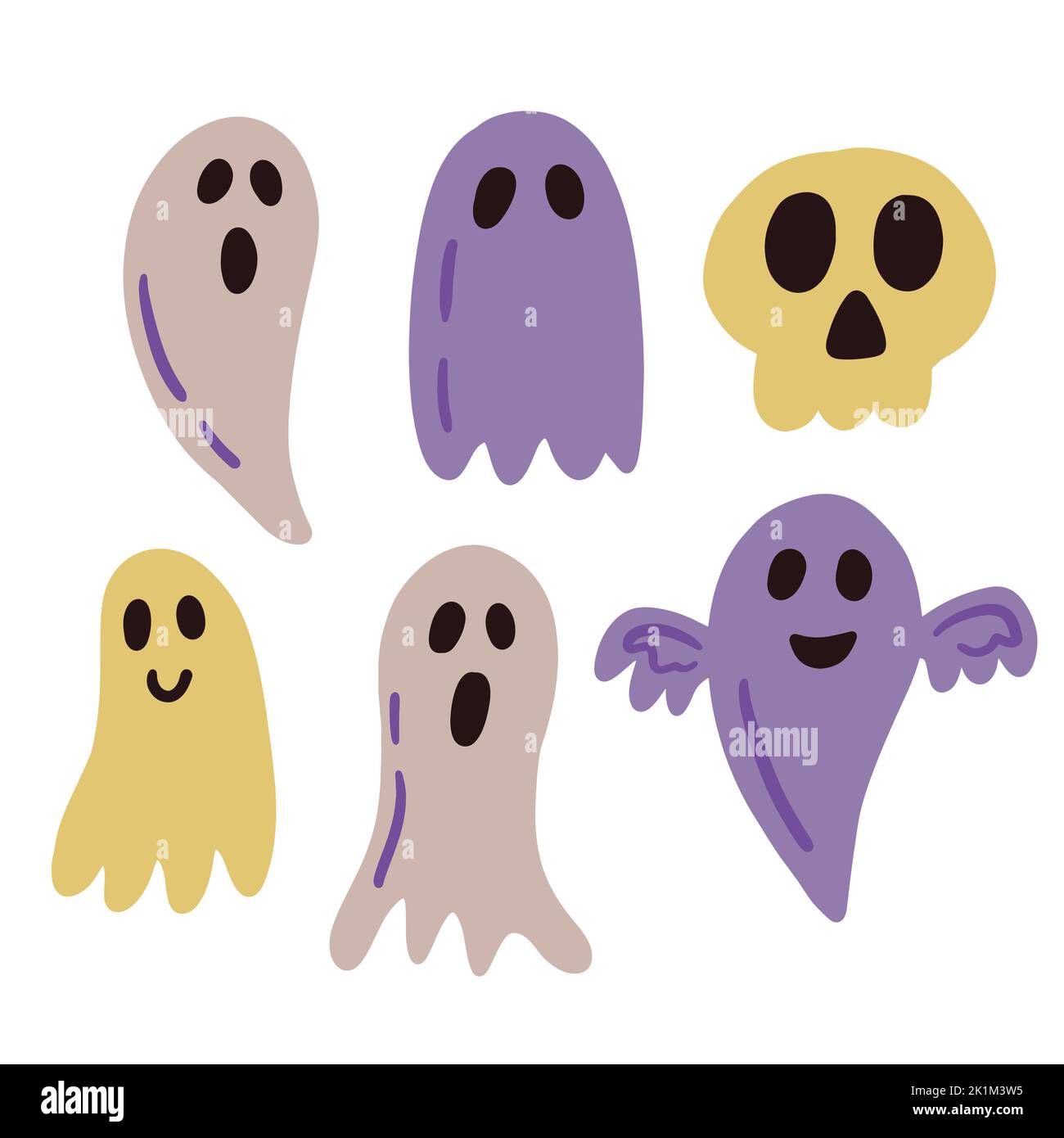 Halloween Ghost Shapes Set, collezione di fantasmi carino disegnata a mano Silhouett Illustrazione Vettoriale