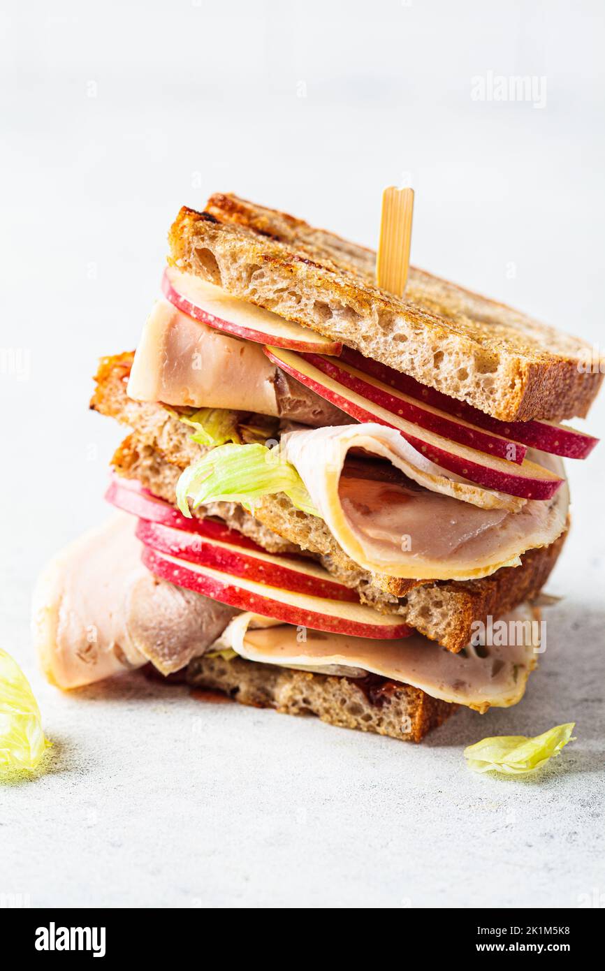 Sandwich di tacchino e mela, sfondo grigio, primo piano. Il concetto dei leftovers di ringraziamento. Foto Stock