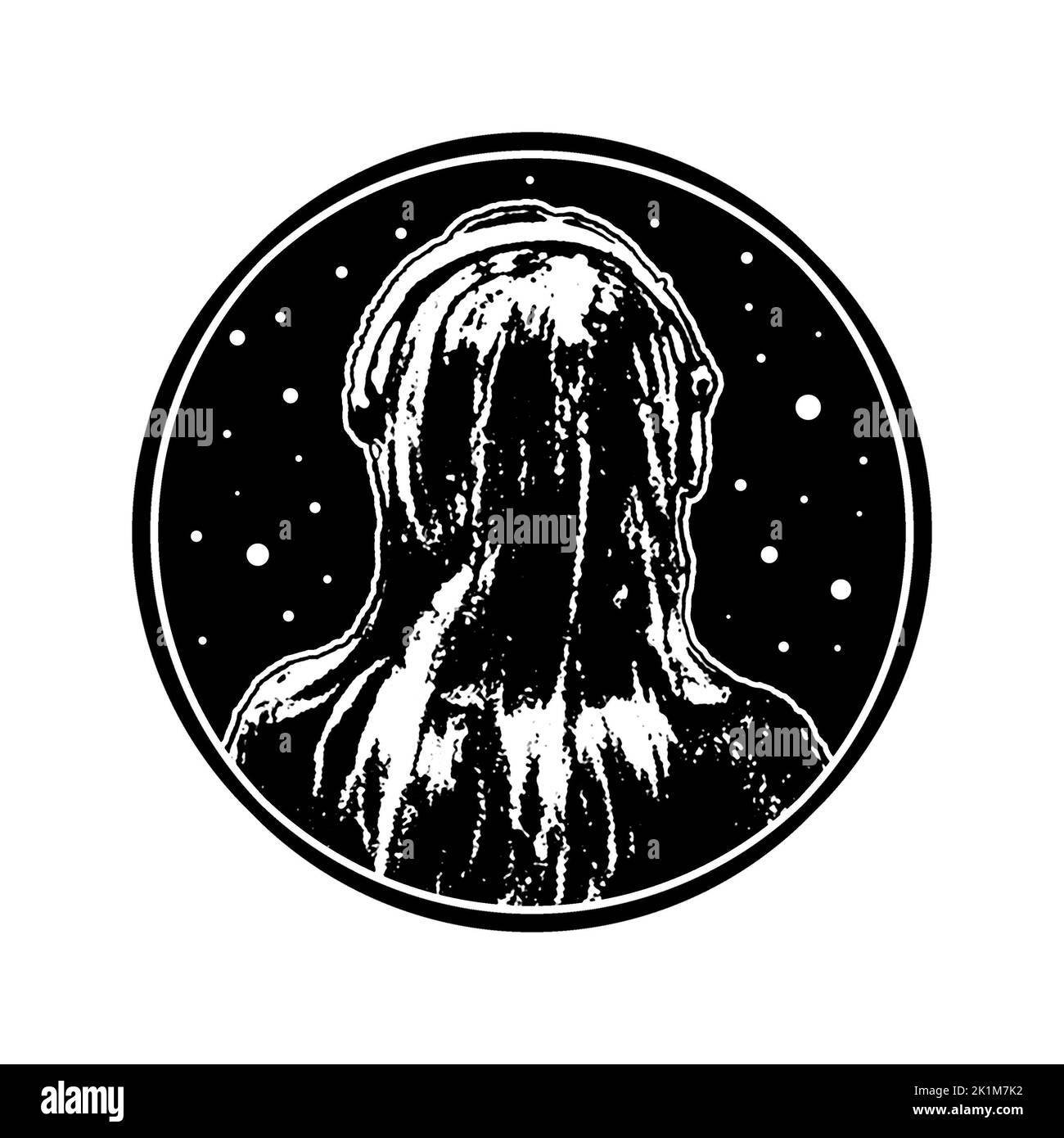 Immagine grafica in bianco e nero vista posteriore donna con cuffie guardare cielo stellato notte Foto Stock