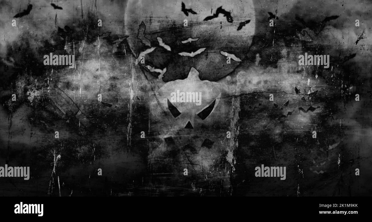 Zucche di Halloween presso il cimitero salendo dalla nebbia di nubi e la Luna in background 3D illustrazione Foto Stock