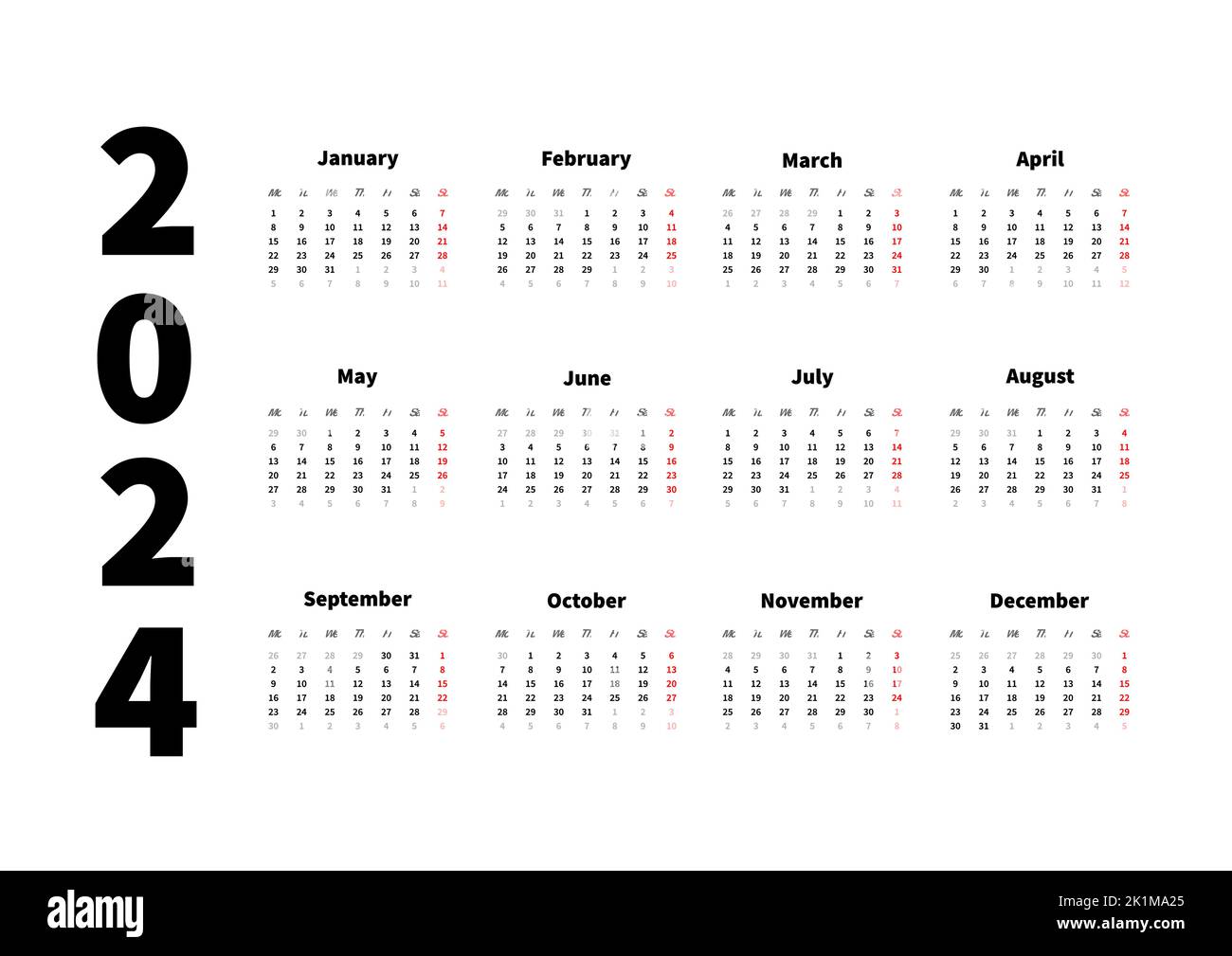 2024 anni semplice calendario orizzontale in lingua inglese, calendario tipografico isolato su bianco Illustrazione Vettoriale