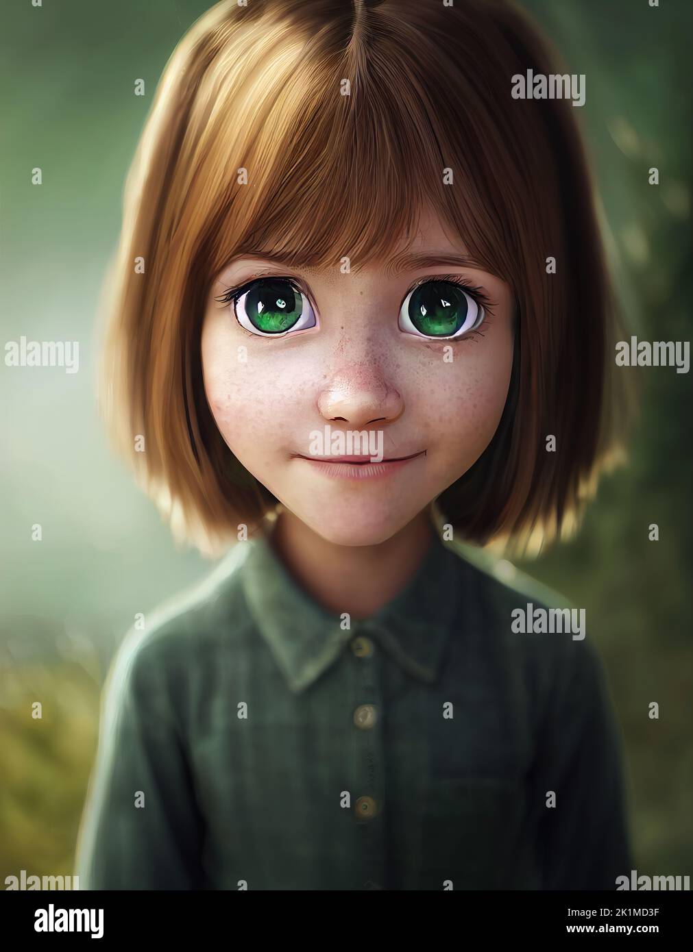 Un design a caratteri digitali. Una bambina con occhi verdi e capelli castani. Foto Stock