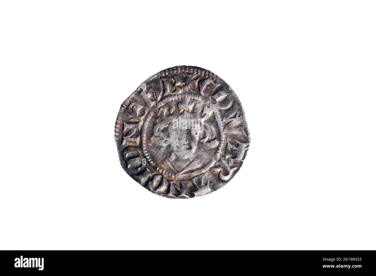 Argento a croce lungo penny inglese martellato moneta di re Enrico II del 14th ° secolo datato intorno 1310 - 1314 coniato in Canterbury Inghilterra, tagliato e io Foto Stock