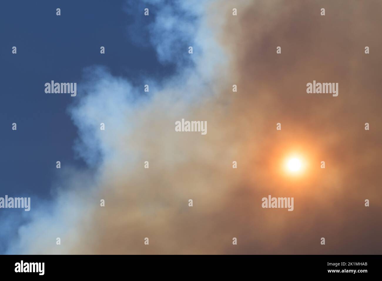 Sole oscurato da una nuvola di fumo di fuoco selvatico, cielo blu sullo sfondo. Incendi, ambiente e inquinamento Foto Stock