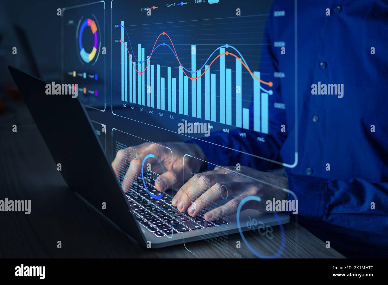 Analista di dati che lavora su un dashboard di analisi aziendale con grafici, metriche e KPI per analizzare le prestazioni e creare report dettagliati per l'addetto alle operazioni Foto Stock