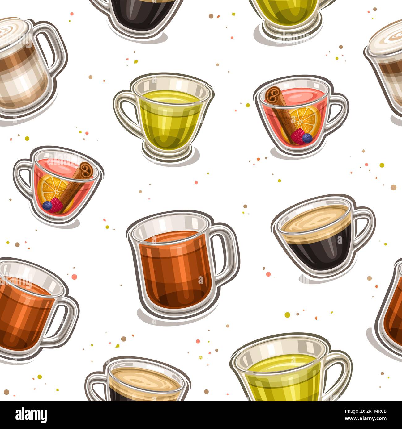 Vector bevande calde motivo senza cuciture, sfondo quadrato ripetitivo con illustrazioni ritagliate di gruppo diverse bevande calde e tè freddo in chiaro Illustrazione Vettoriale
