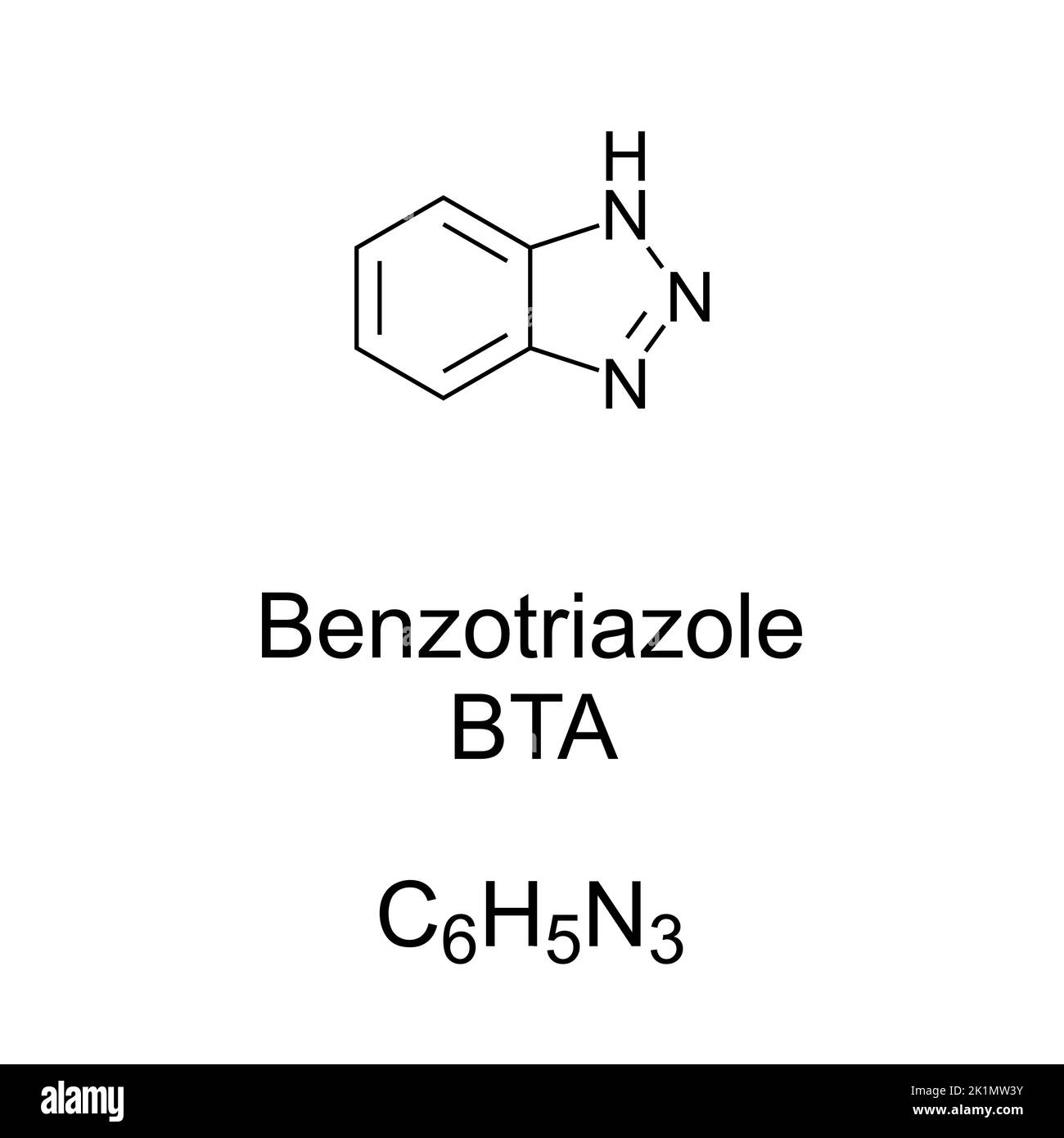 Benzotriazolo, formula chimica e struttura BTA. Efficace inibitore della corrosione per il rame e le sue leghe, prevenendo reazioni superficiali indesiderate Foto Stock