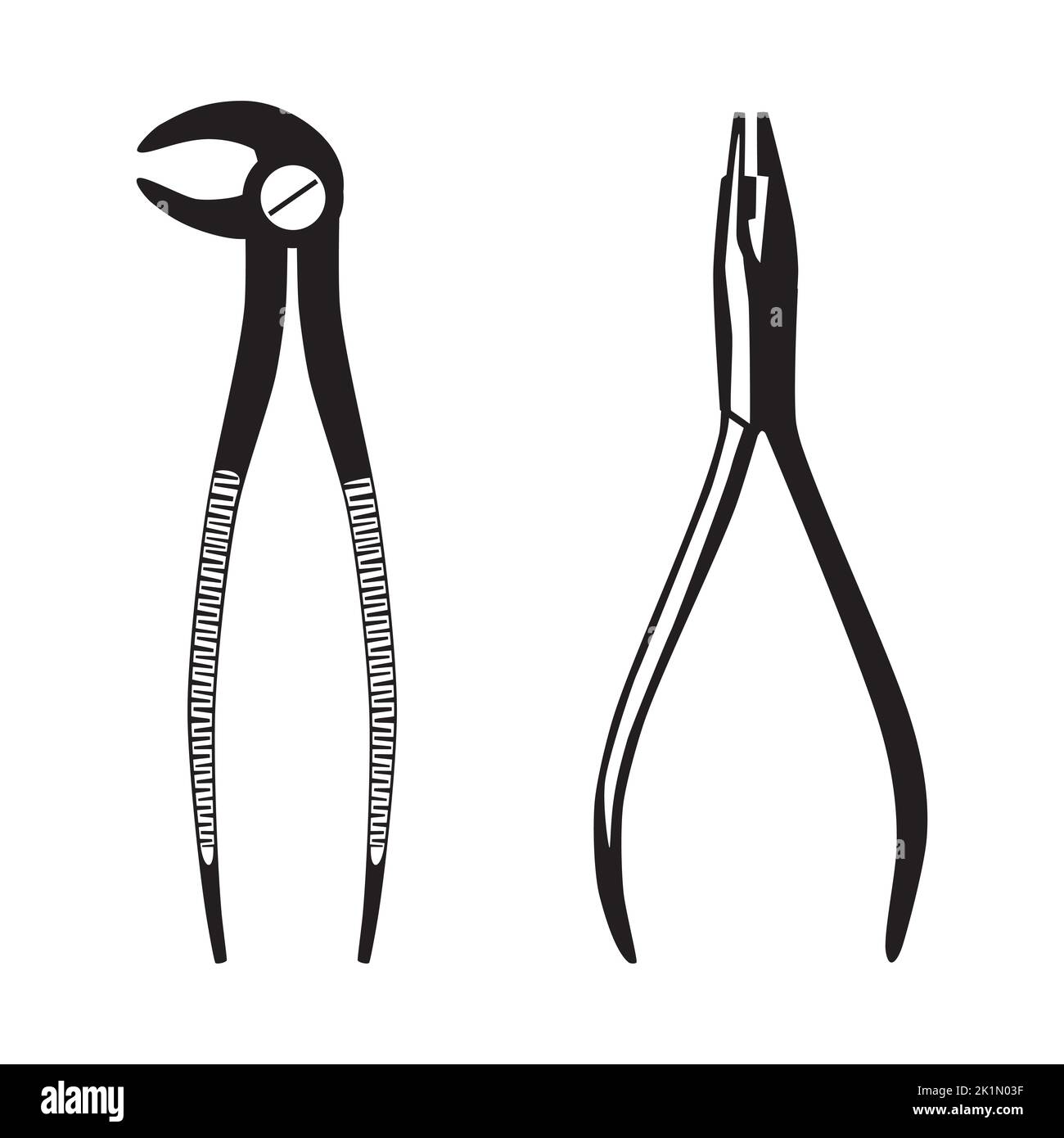 Pinze estraenti silhouette nere, strumenti per chirurgia dentale, vettore. Illustrazione Vettoriale