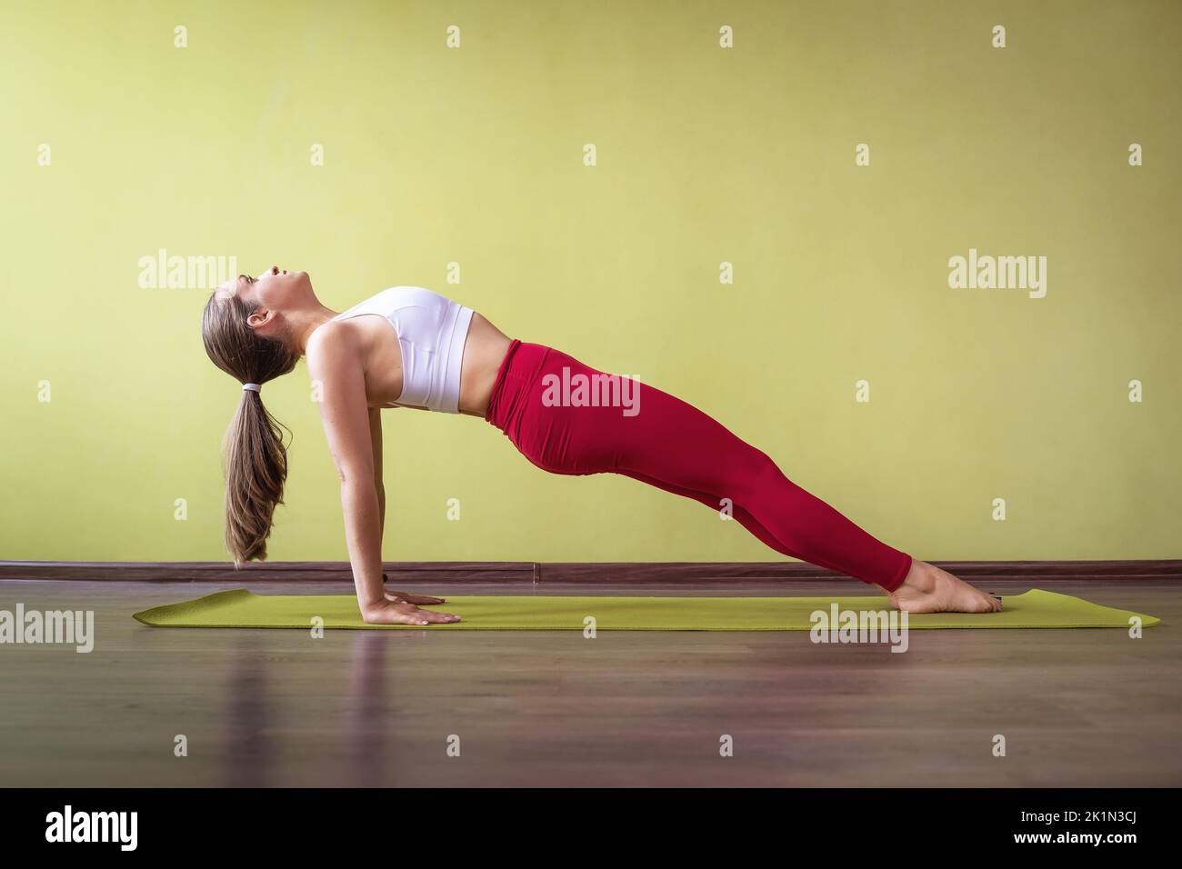Una donna in abbigliamento sportivo fa yoga, esegue esercizio Kumbhakasana, posa in retromarcia, si allena in una stanza su un tappetino vicino al muro Foto Stock