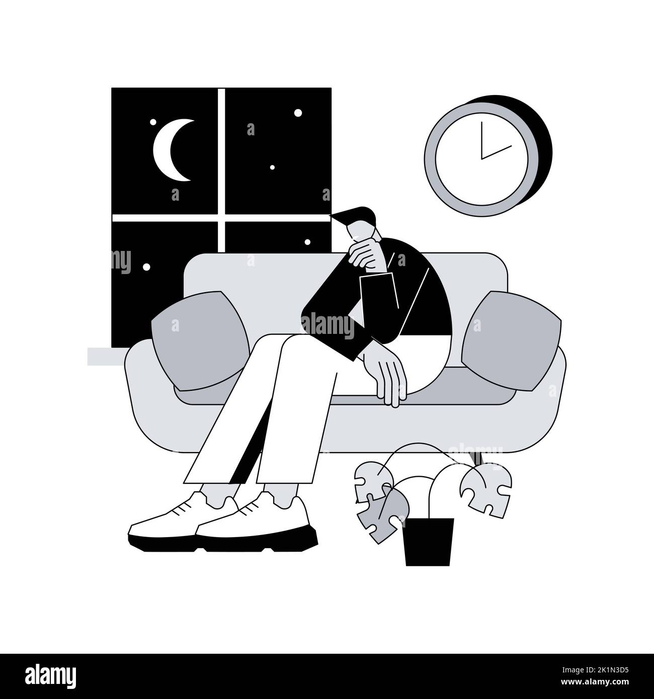 Illustrazione vettoriale astratta del concetto di privazione del sonno. Sintomi di insonnia, perdita del sonno, problema di privazione, salute mentale, causa e trattamento, diagnostica clinica, insonnia metafora astratta. Illustrazione Vettoriale