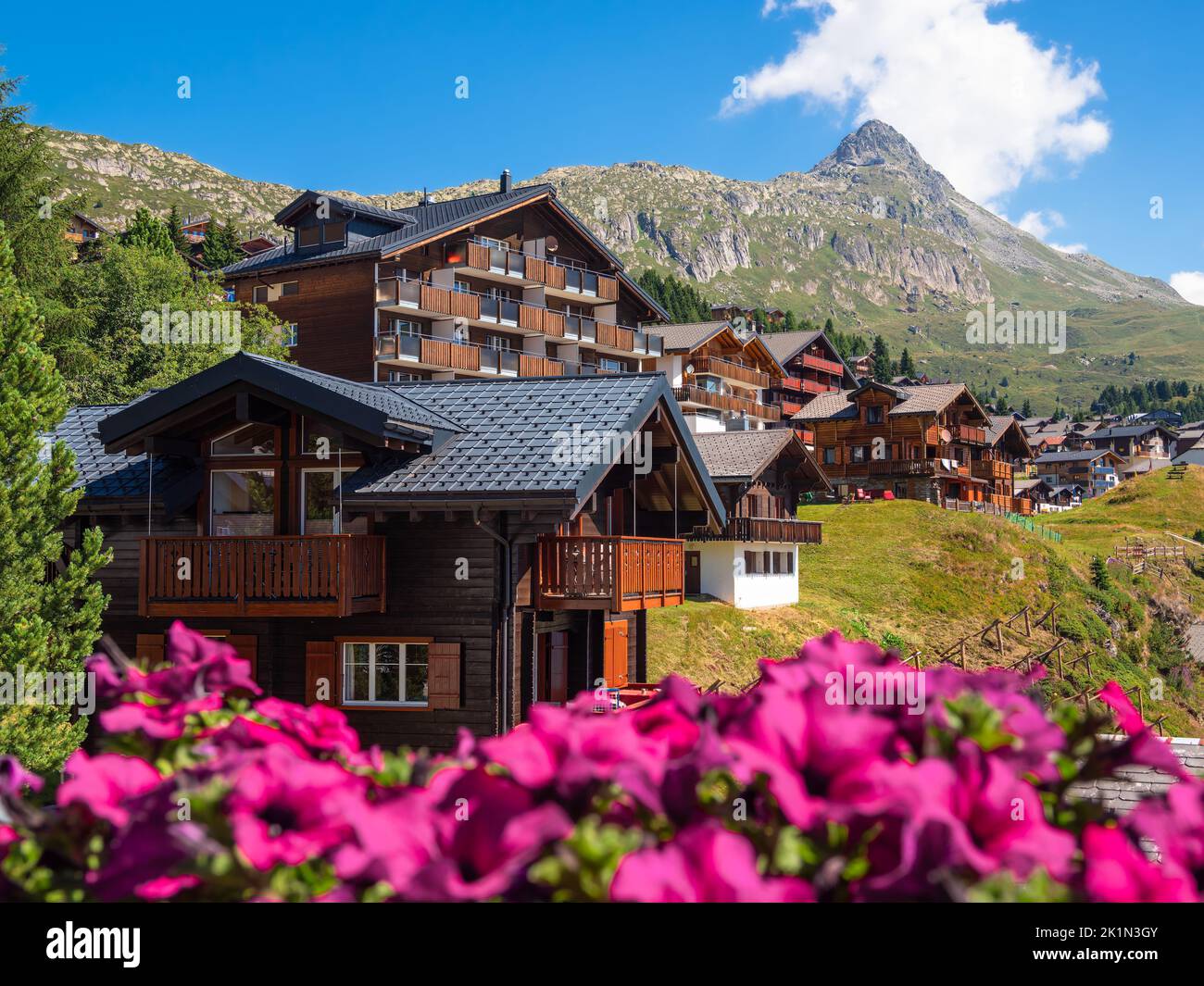 L'idilliaco centro turistico di Bettmeralp si trova nelle Alpi Bernesi, sul versante settentrionale della Valle del Rodano, nell'Alto Vallese in Svizzera Foto Stock