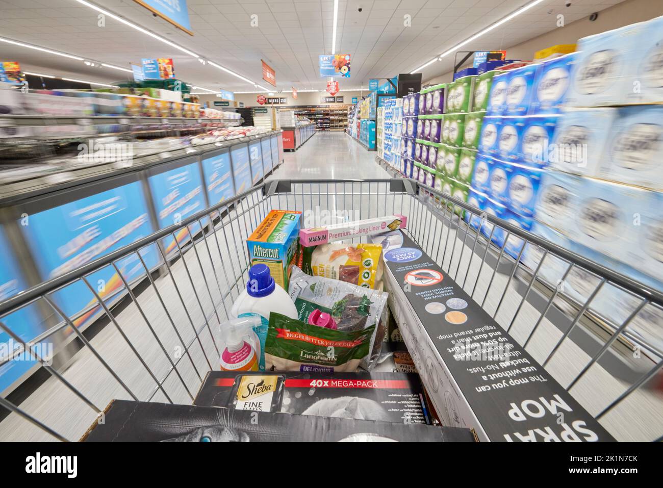 INTERNI ALDI Supermarket con carrello che si muove attraverso le navate Foto Stock
